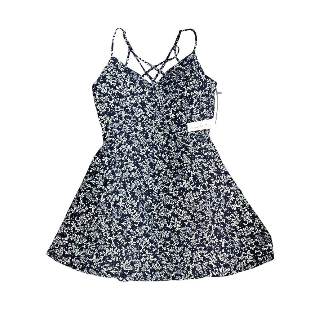 Nine Britton Lizzy Brushed Knit Dress Navy Floral Criss Cross Strap Size Large